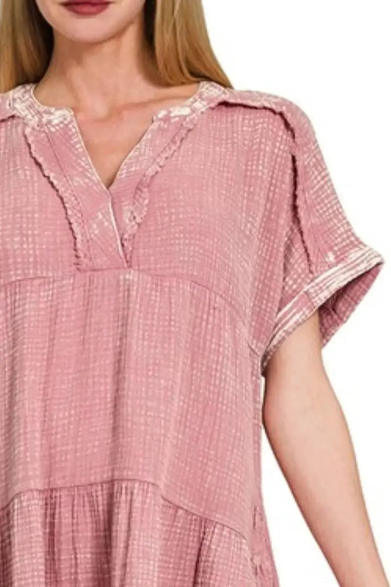 Zenana Washed Double Gauze Raw Edge V-Neck Dress for Summer - Love Salve